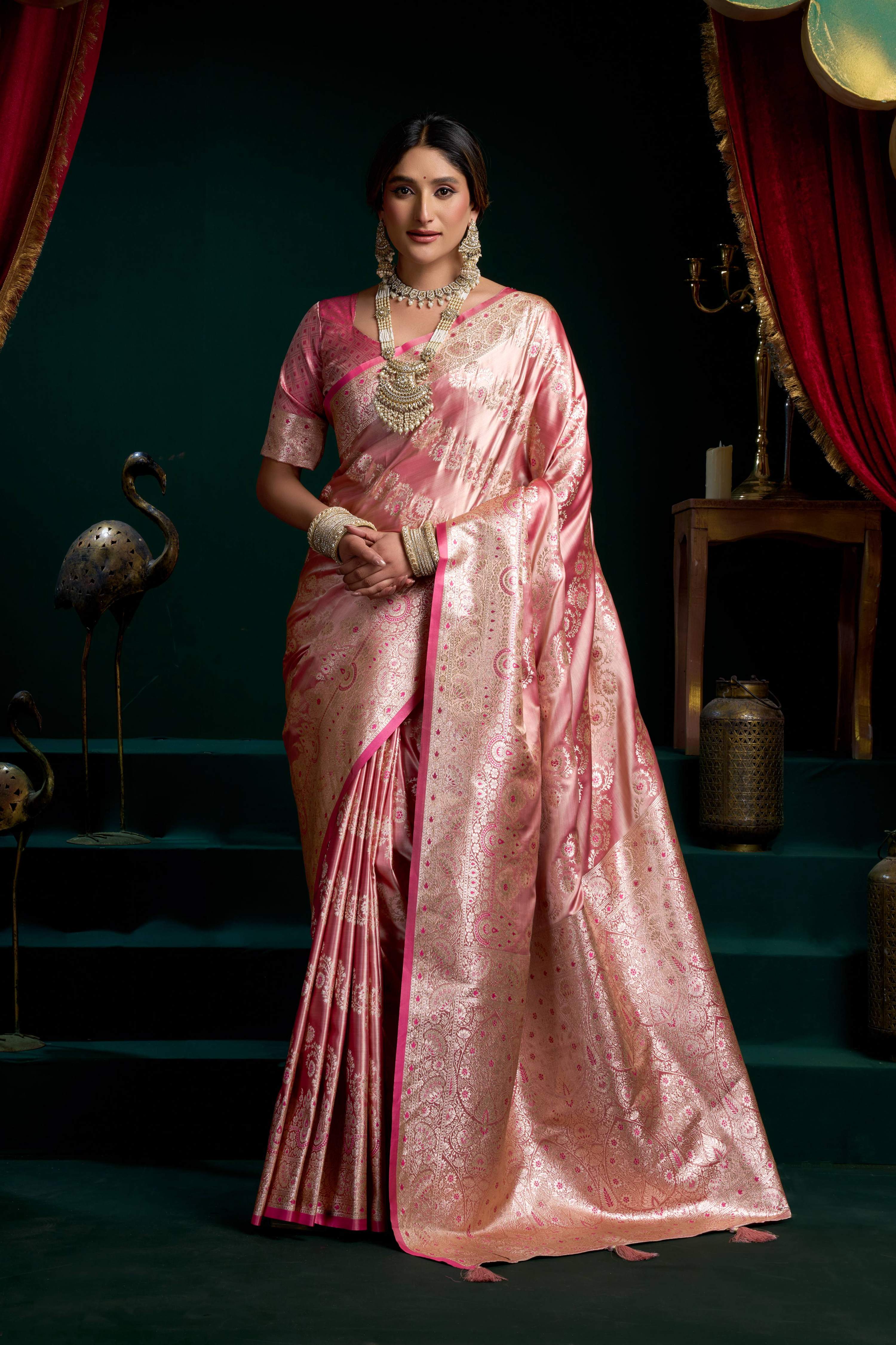 Jyoti Fashion Women's Baby Pink Satin Silk Zari Woven Saree with Blouse - Dista