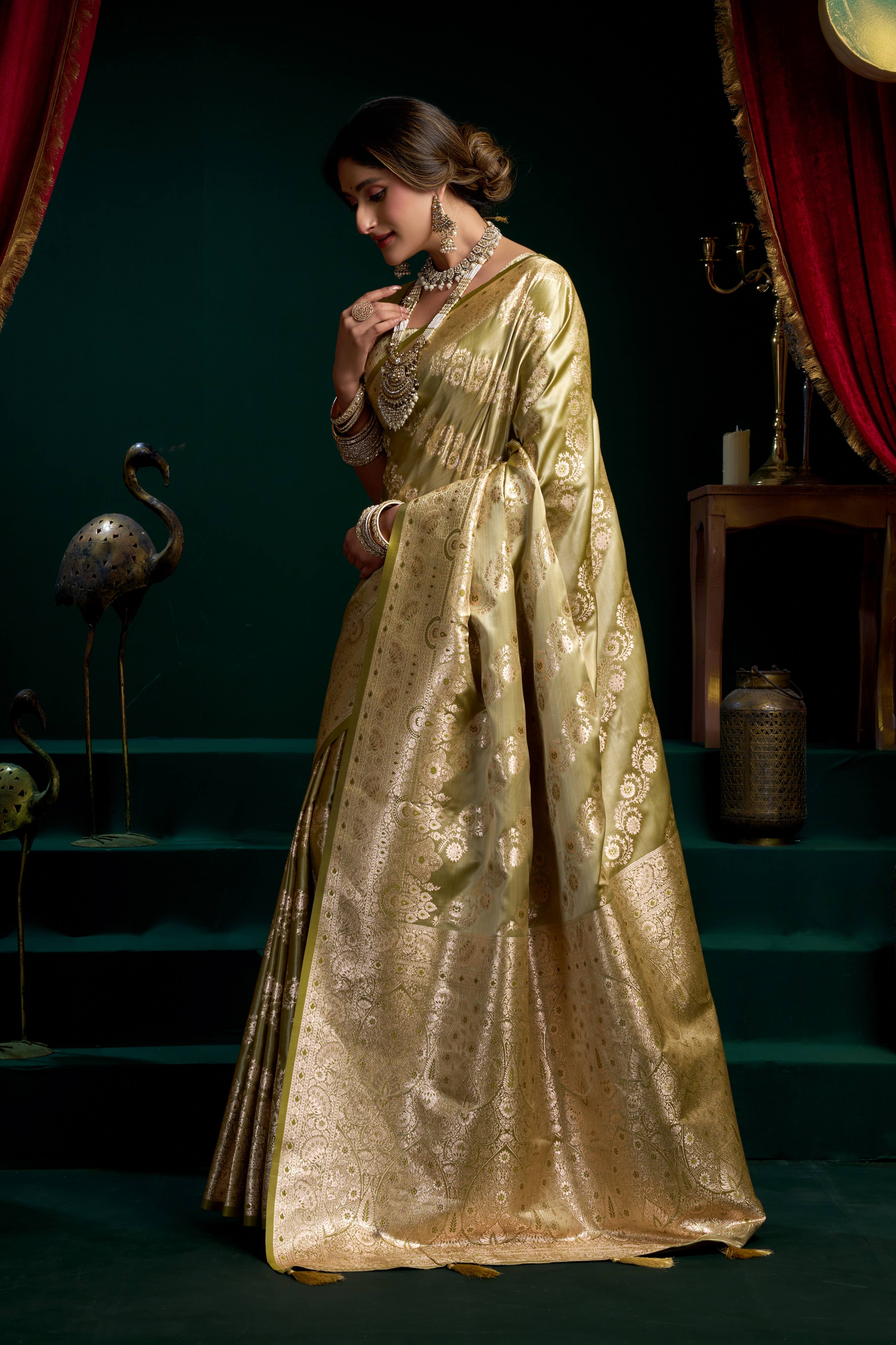 Jyoti Fashion Women's Mehendi Satin Silk Zari Woven Saree with Blouse - Dista