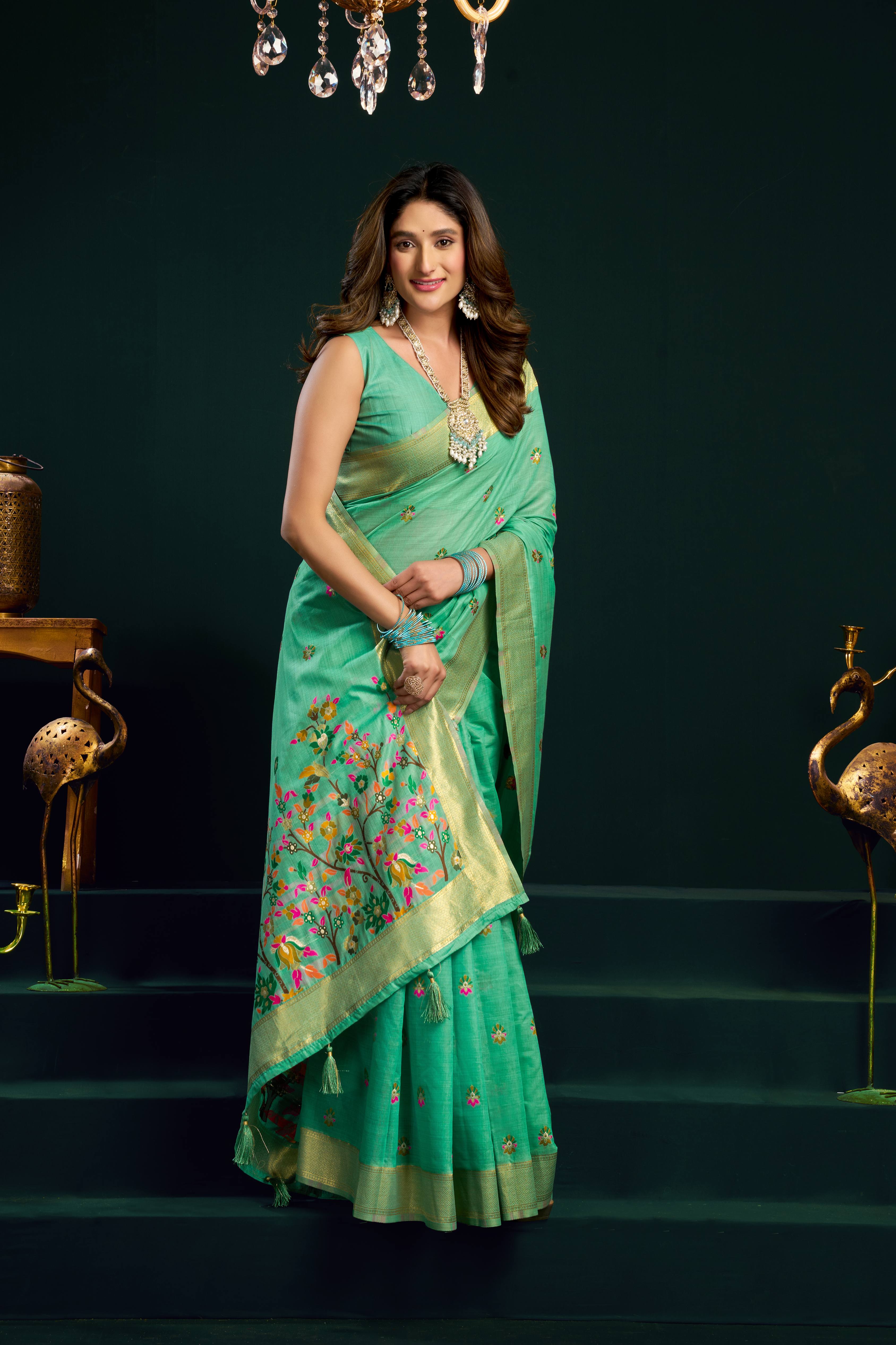 Jyoti Fashion Women's Sea Green Muga Cotton Meena Zari Woven Saree with Blouse - Dista