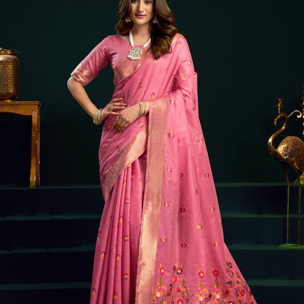 Jyoti Fashion Women's Pink Muga Cotton Meena Zari Woven Saree with Blouse - Dista