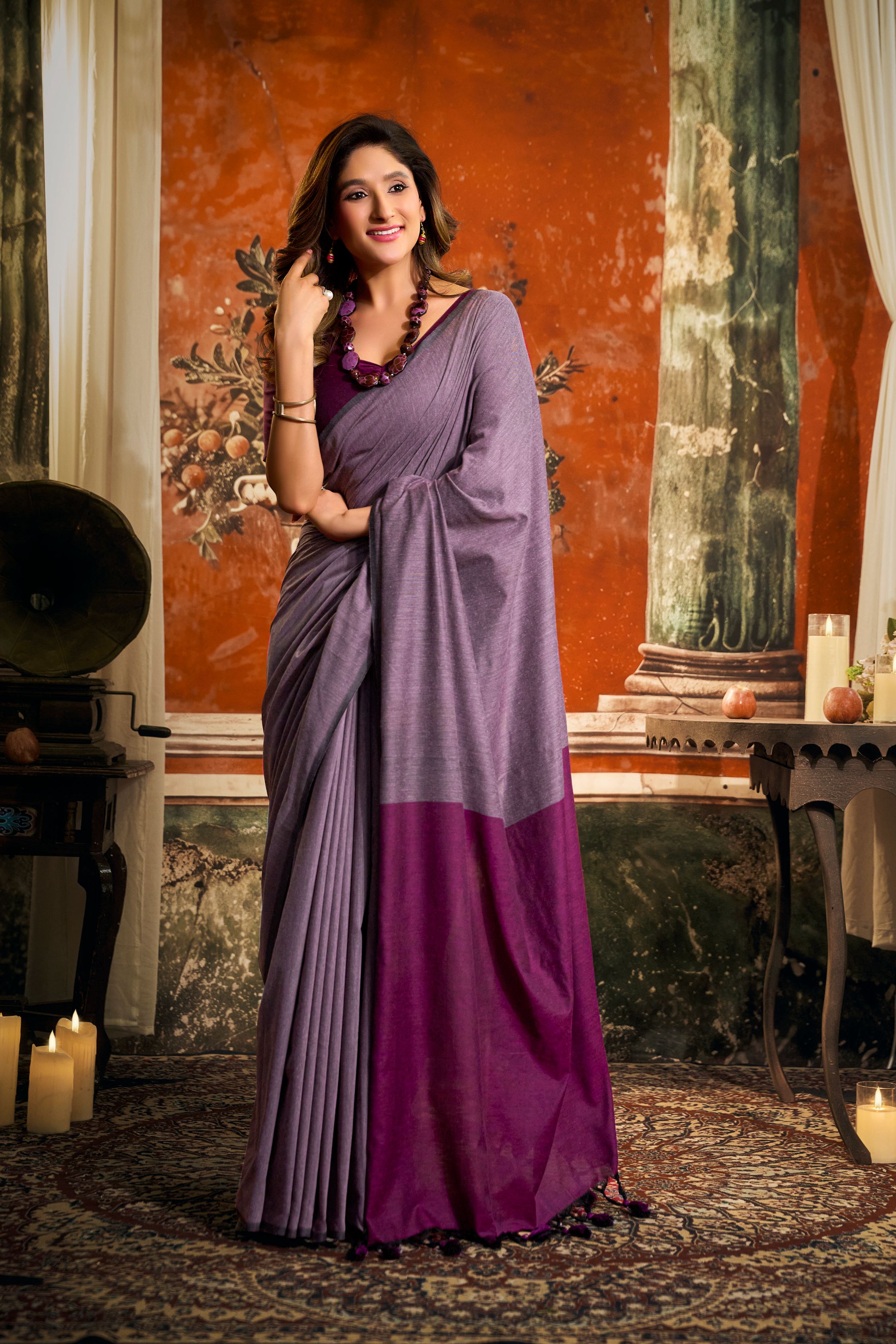 Jyoti Fashion Women's Purple Cotton Contrast Pallu Saree with Blouse - Dista