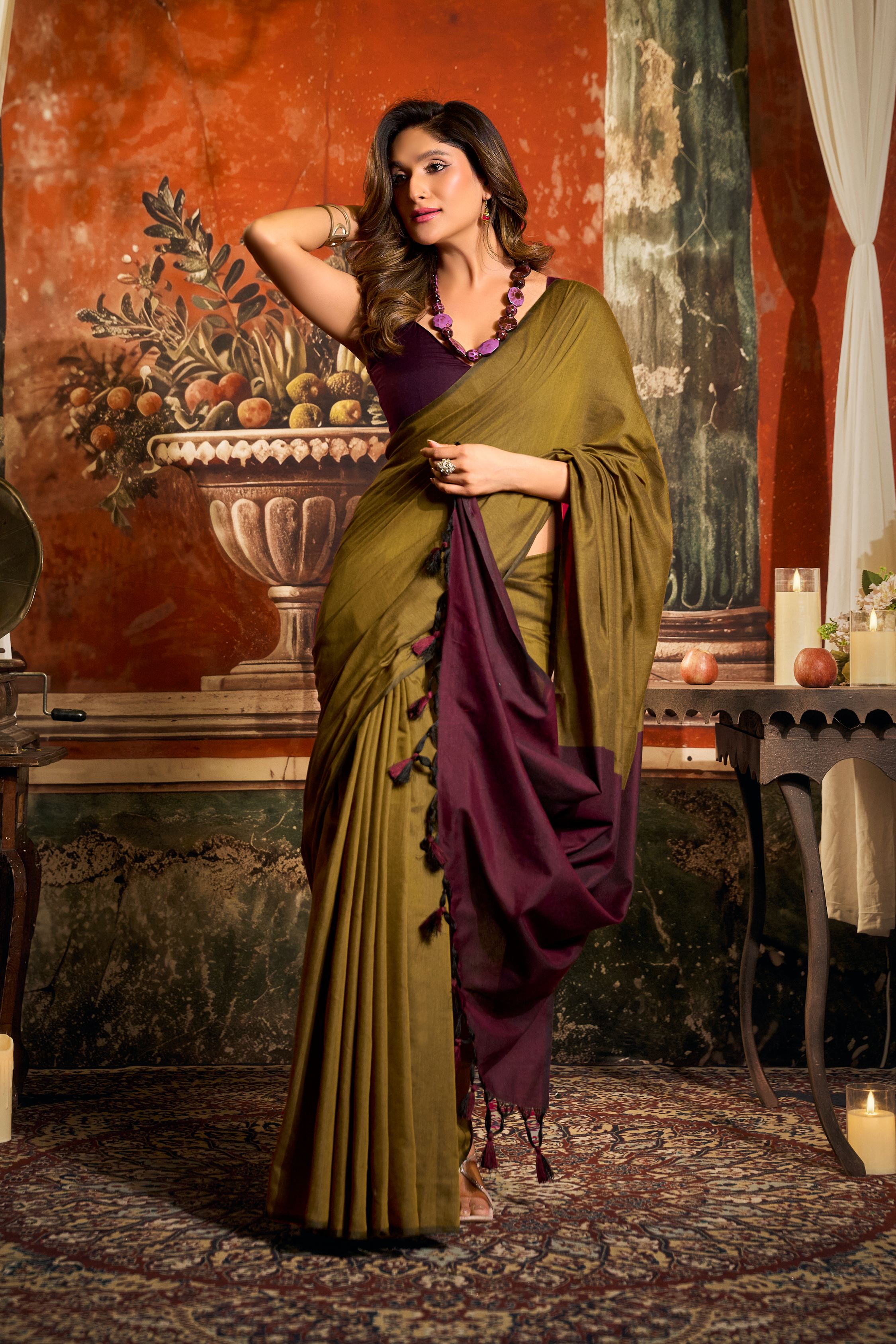 Jyoti Fashion Women's Mehendi Cotton Contrast Pallu Saree with Blouse - Dista