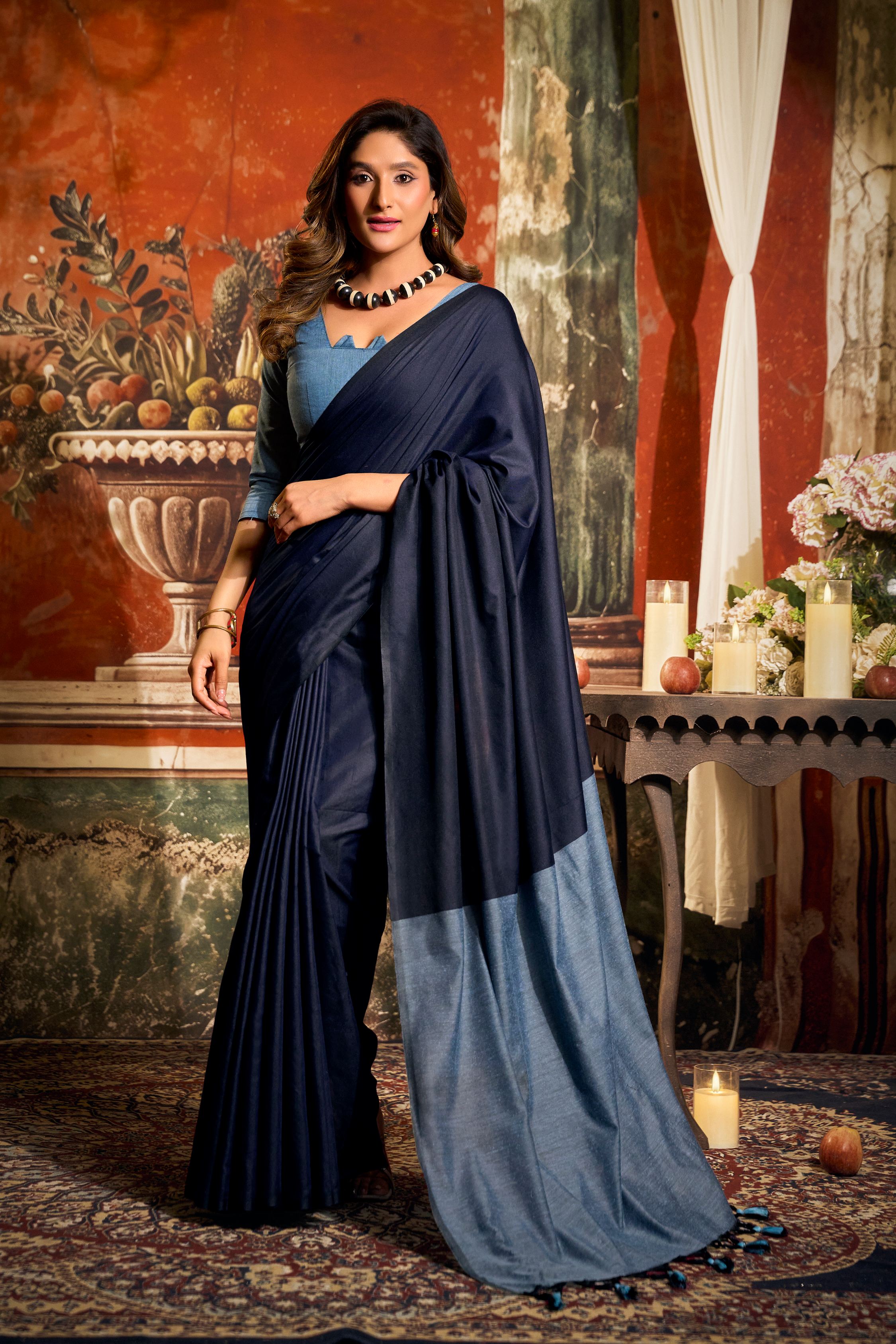 Jyoti Fashion Women's Navy Blue Cotton Contrast Pallu Saree with Blouse - Dista
