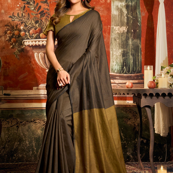 Jyoti Fashion Women's Coffee Cotton Contrast Pallu Saree with Blouse - Dista