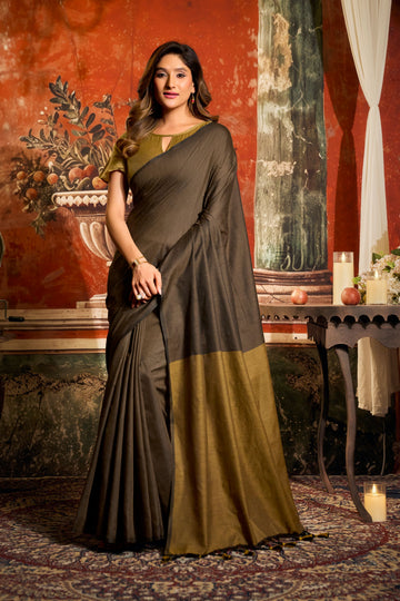 Jyoti Fashion Women's Coffee Cotton Contrast Pallu Saree with Blouse - Dista