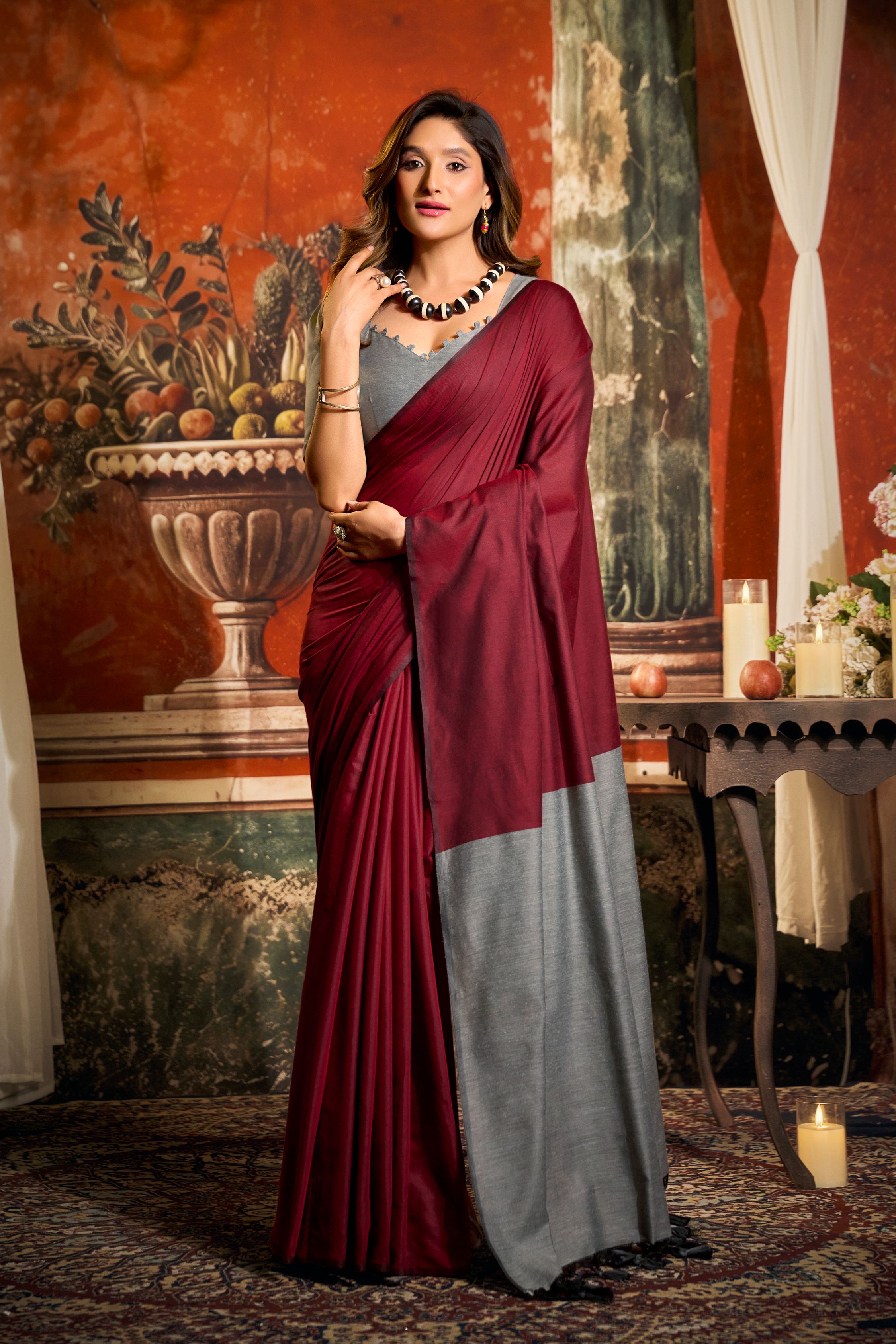 Jyoti Fashion Women's Maroon Cotton Contrast Pallu Saree with Blouse - Dista