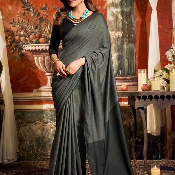 Jyoti Fashion Women's Dark Grey Cotton Contrast Pallu Saree with Blouse - Dista