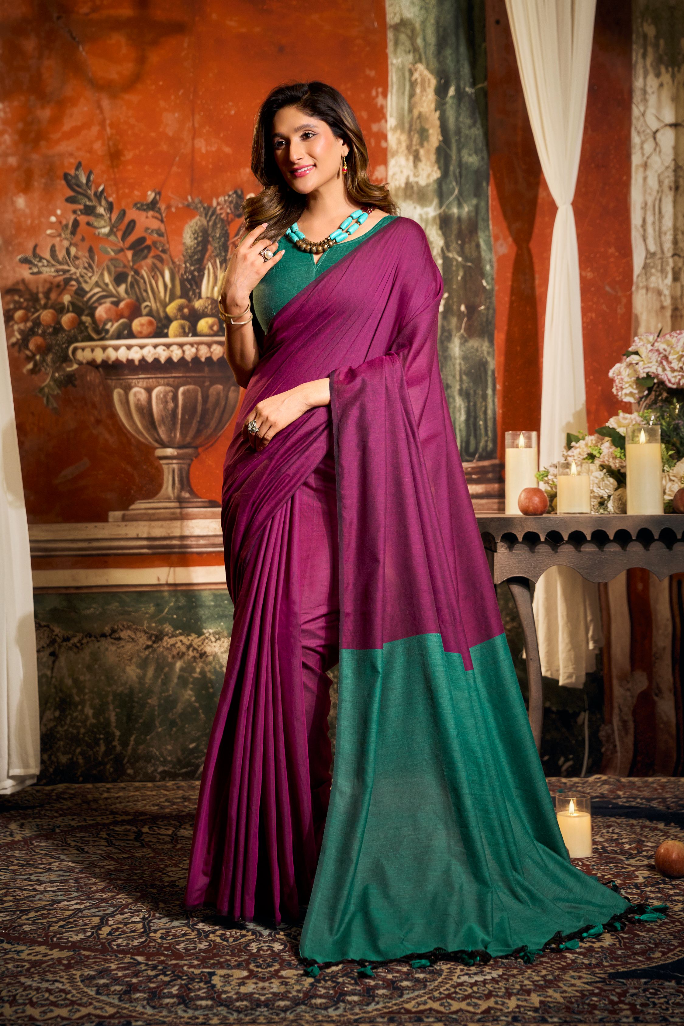 Jyoti Fashion Women's Magenta Cotton Contrast Pallu Saree with Blouse - Dista