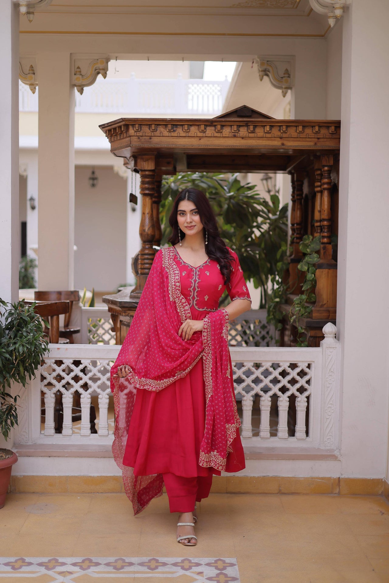 Jyoti Fashion Pink Beads Thread Embroidered Mal Chanderi Anarkali Gown Set - Dista