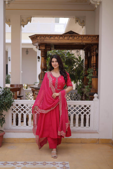 Jyoti Fashion Pink Beads Thread Embroidered Mal Chanderi Anarkali Gown Set - Dista