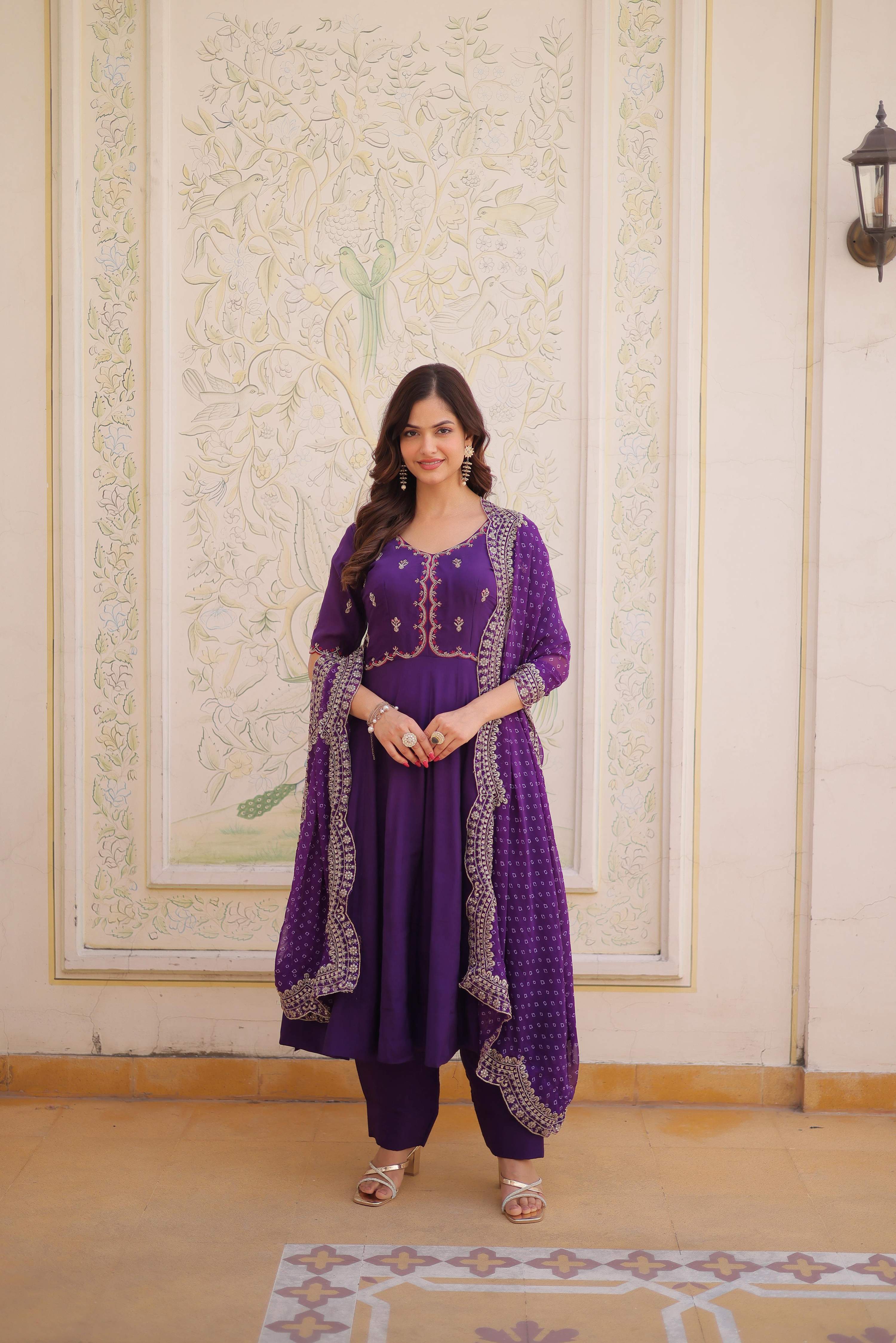 Jyoti Fashion Purple Beads Thread Embroidered Mal Chanderi Anarkali Gown Set - Dista