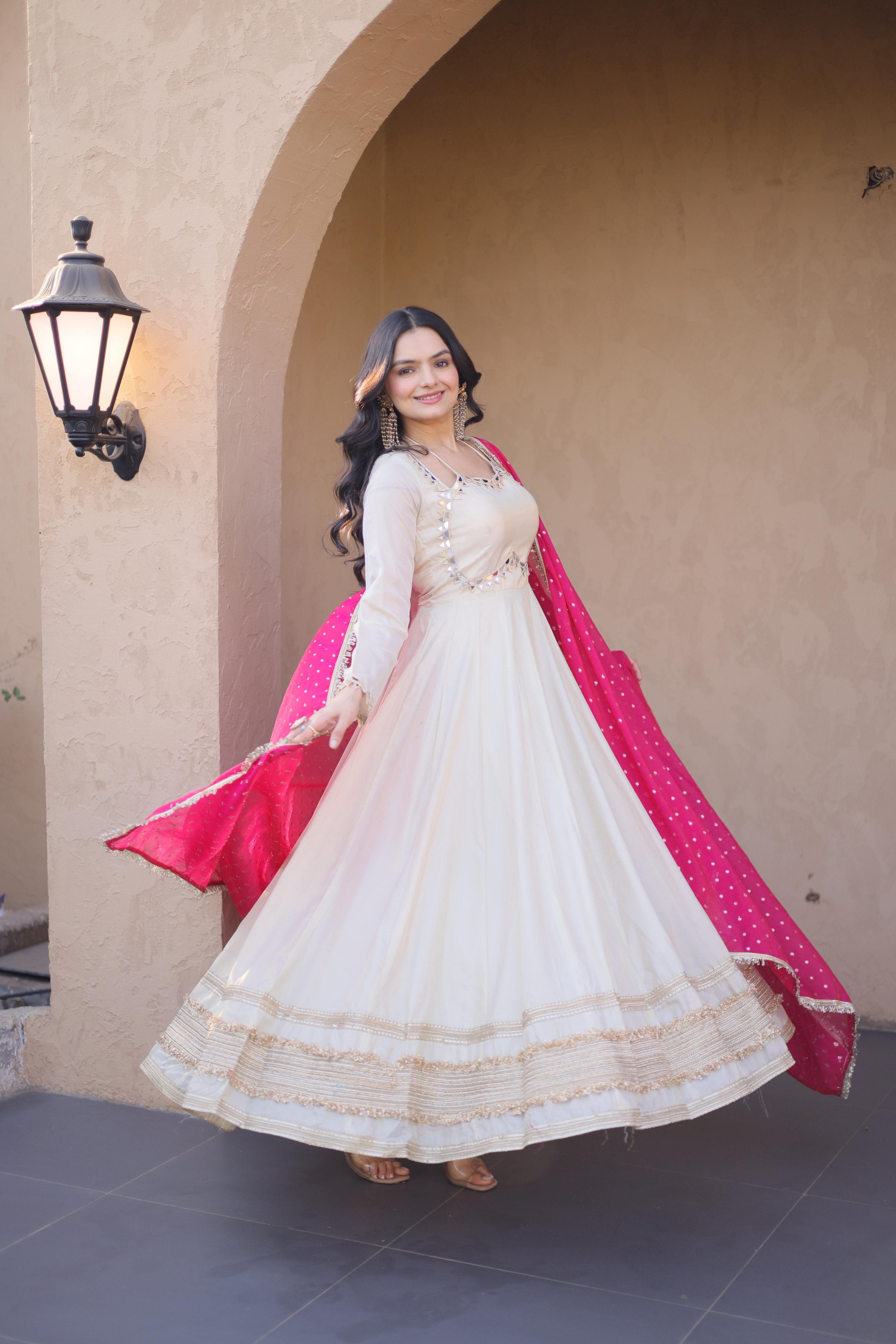 Jyoti Fashion Off White Real Mirror Zari Embroidered Cosmos Anarkali Gown with Dupatta - Dista