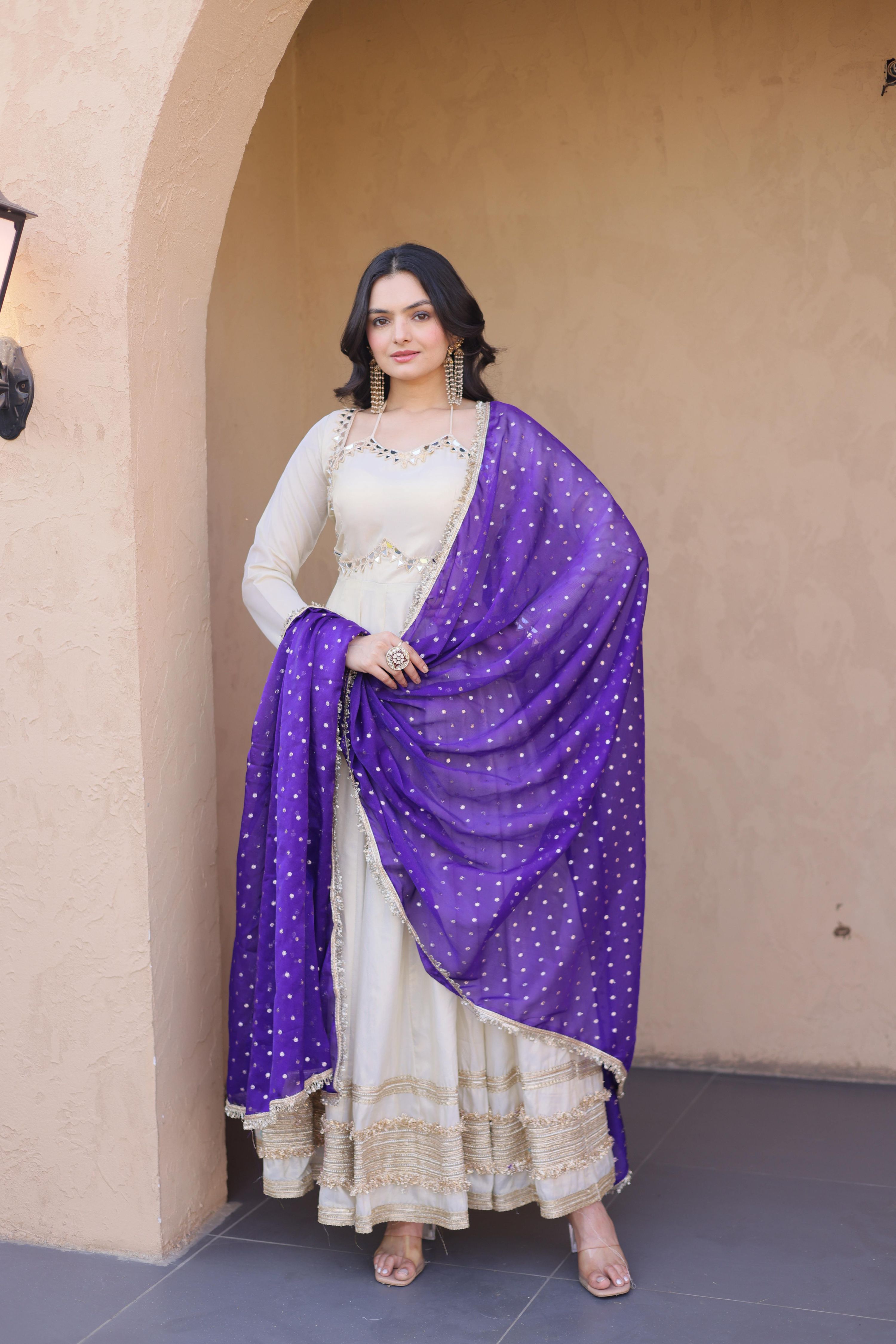 Jyoti Fashion Off White Real Mirror Zari Embroidered Cosmos Anarkali Gown with Dupatta - Dista