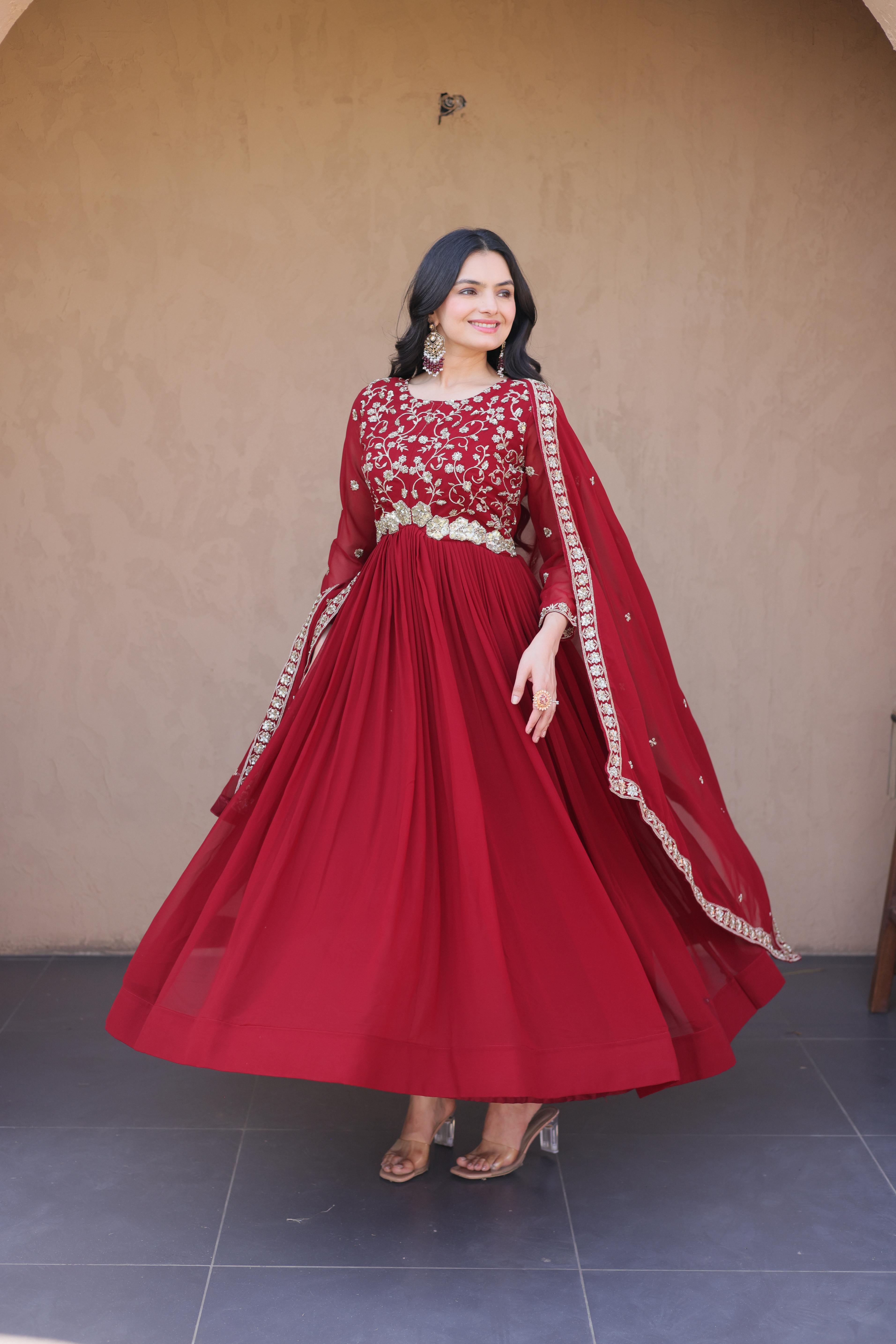 Jyoti Fashion Maroon Embroidered Faux Blooming Anarkali Gown with Dupatta - Dista