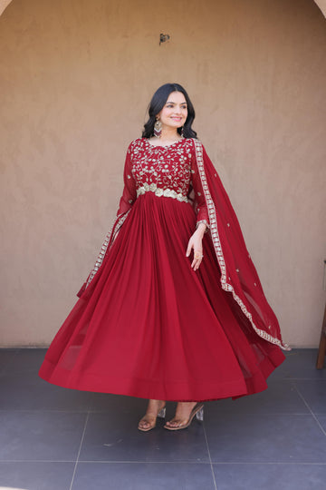 Jyoti Fashion Maroon Embroidered Faux Blooming Anarkali Gown with Dupatta - Dista