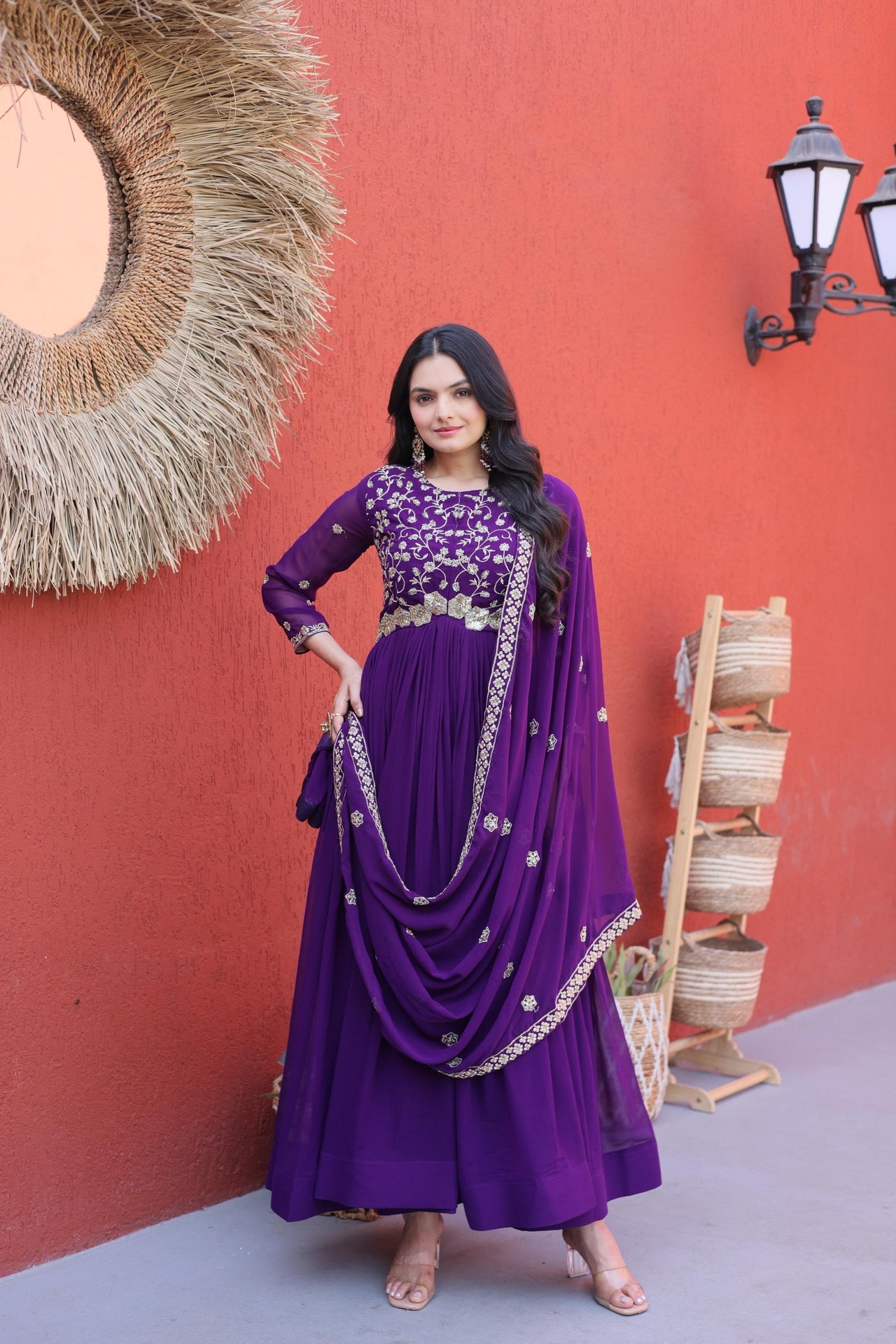 Jyoti Fashion Purple Embroidered Faux Blooming Anarkali Gown with Dupatta - Dista