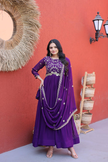 Jyoti Fashion Purple Embroidered Faux Blooming Anarkali Gown with Dupatta - Dista
