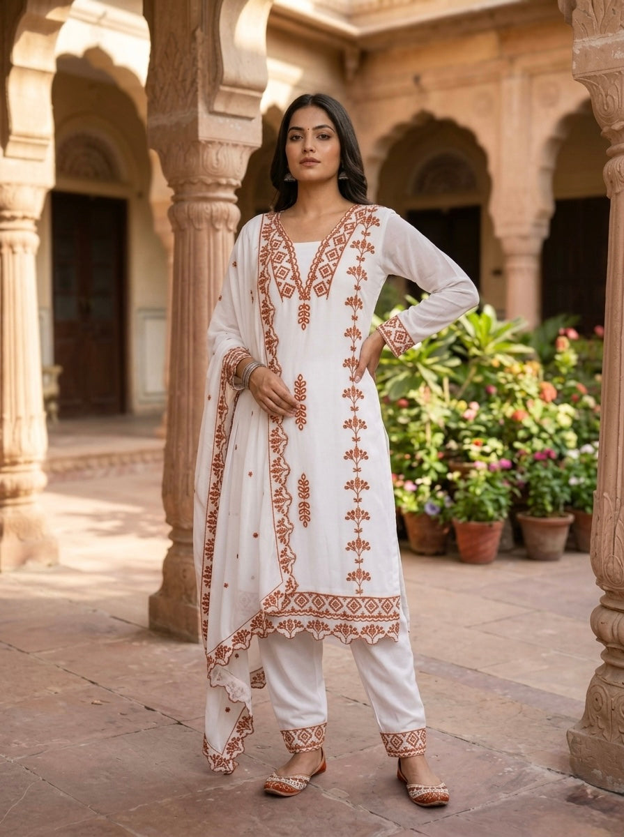 Jyoti Fashion Brown Embroidered Faux Georgette Salwar Kameez with Dupatta - Dista