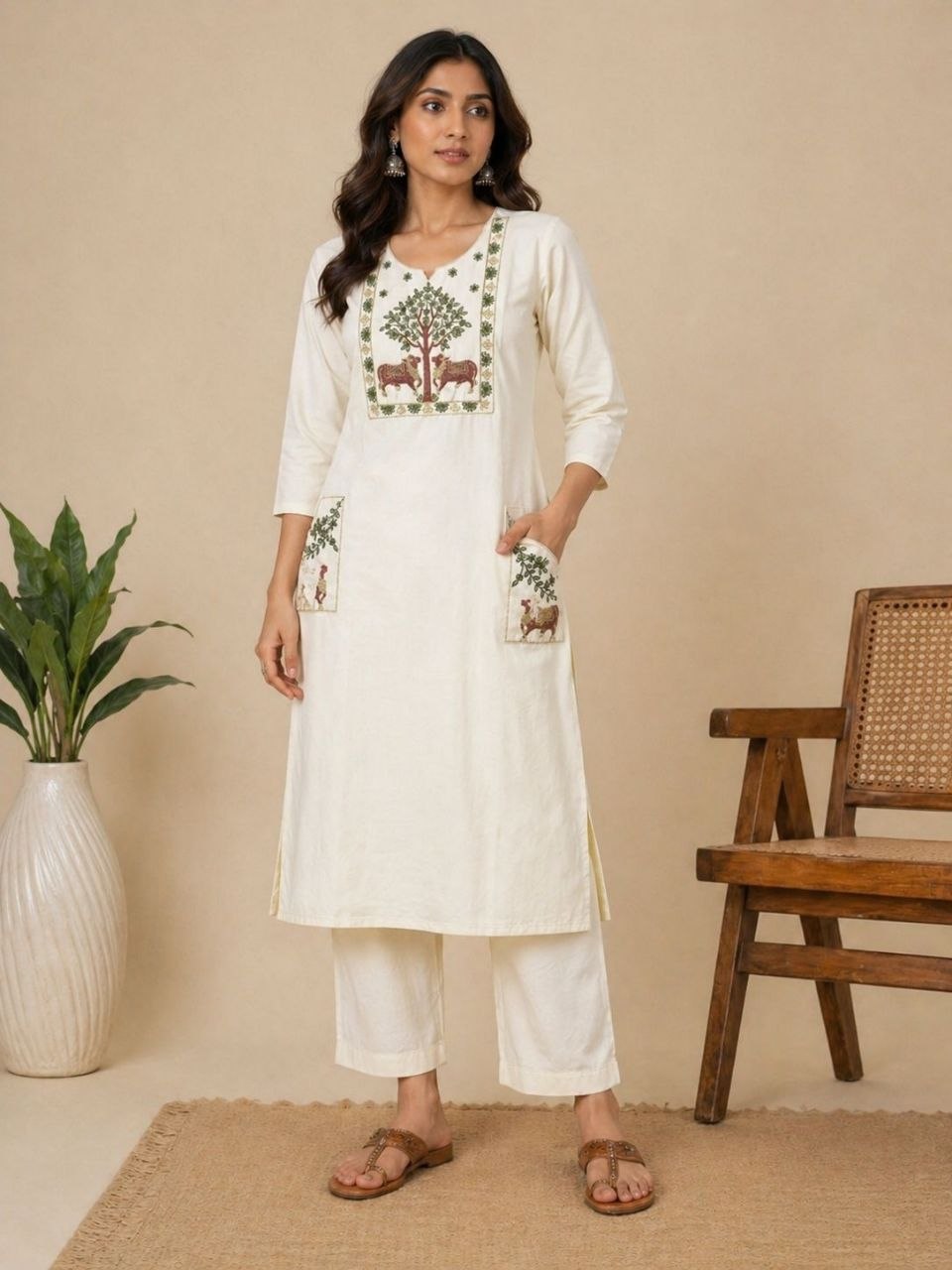 Jyoti Fashion Straight Slub Cotton Zari Embroidered White Kurta Set with Botom