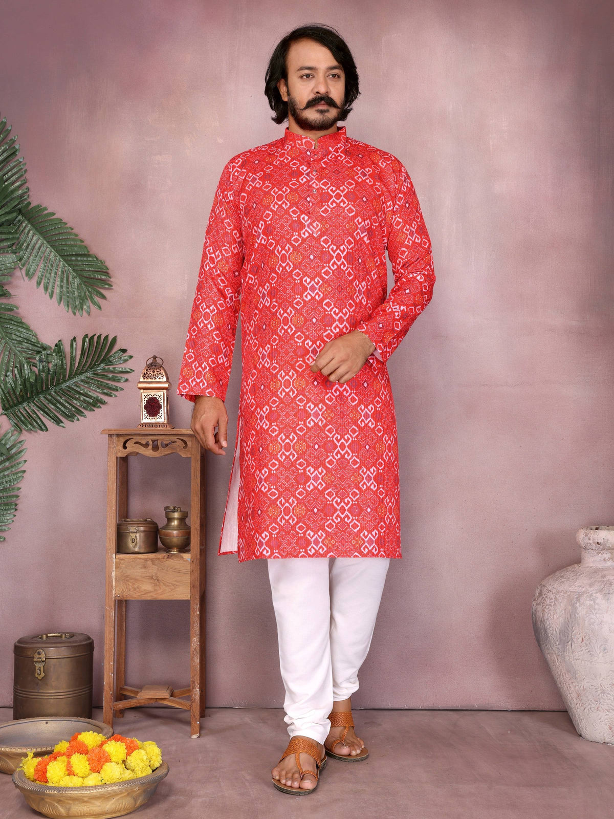 Jyoti Fashion Red Printed Cotton Blend Stright Designer Kurta with Pyjama Set