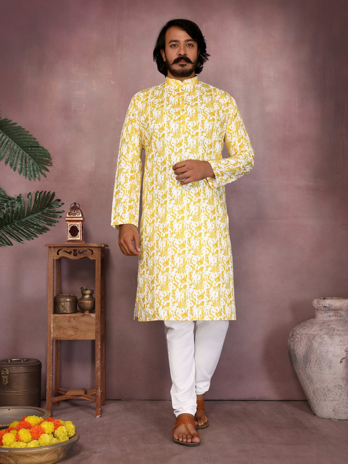 Jyoti Fashion Yellow Printed Cotton Blend Stright Designer Kurta with Pyjama Set