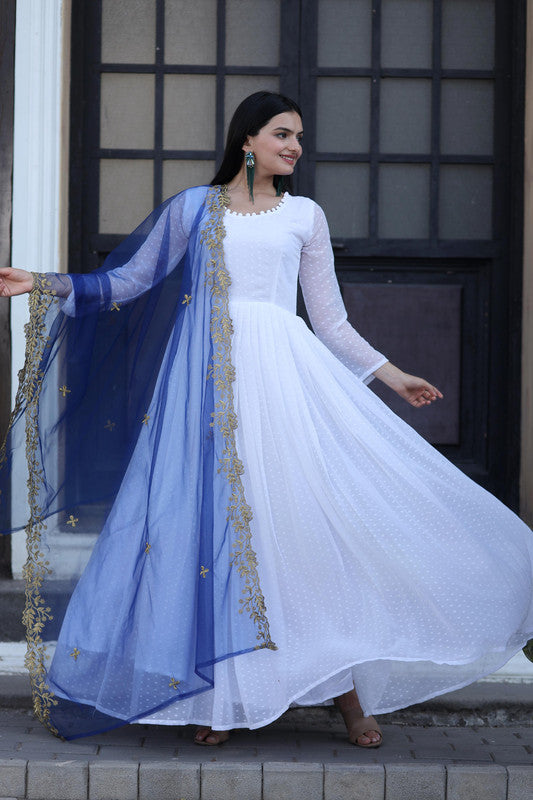 Jyoti Fashion Women's White Faux Georgette Butti work Anarkali Dress with Dupatta - Distacart