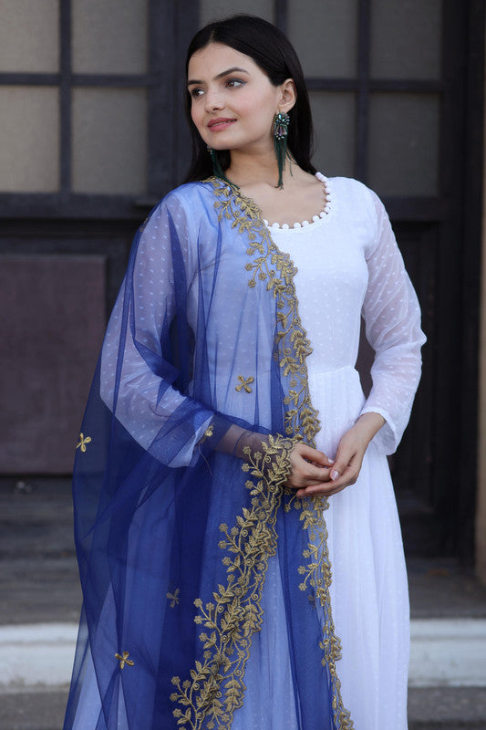 Jyoti Fashion Women's White Faux Georgette Butti work Anarkali Dress with Dupatta - Distacart