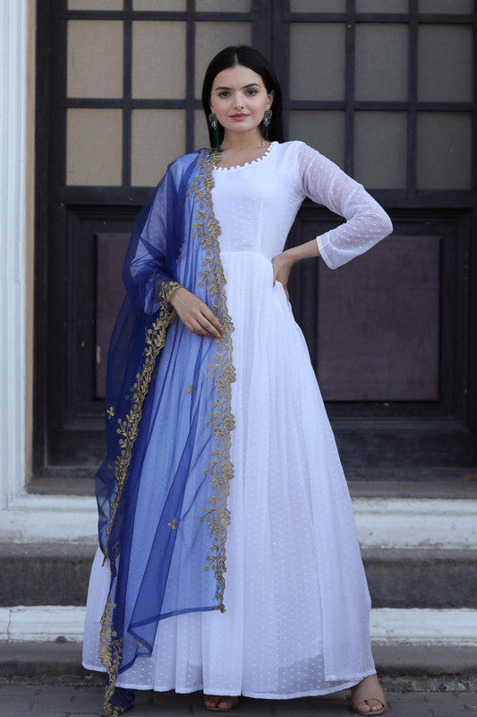 Jyoti Fashion Women's White Faux Georgette Butti work Anarkali Dress with Dupatta - Distacart