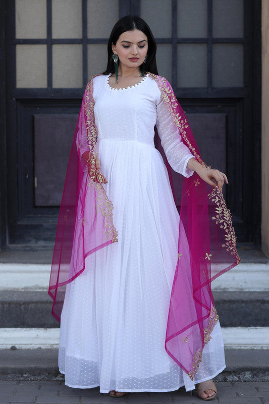 Jyoti Fashion Women's White Faux Georgette Butti work Anarkali Dress with Dupatta - Distacart