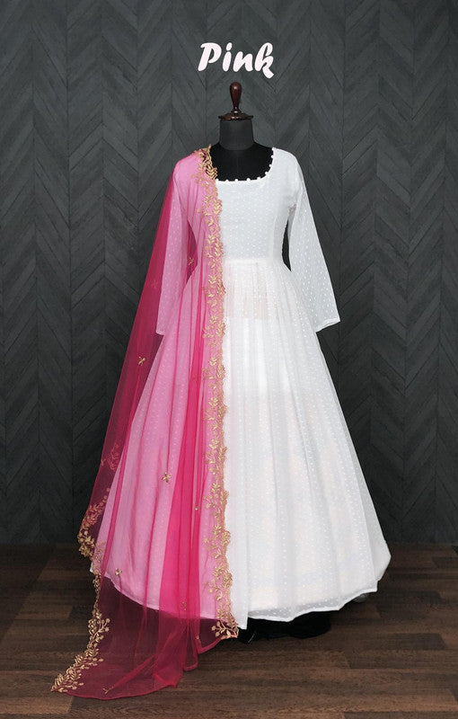 Jyoti Fashion Women's White Faux Georgette Butti work Anarkali Dress with Dupatta - Distacart