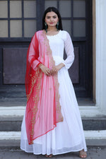 Thumbnail for Jyoti Fashion Women's White Faux Georgette Butti work Anarkali Dress with Dupatta - Distacart