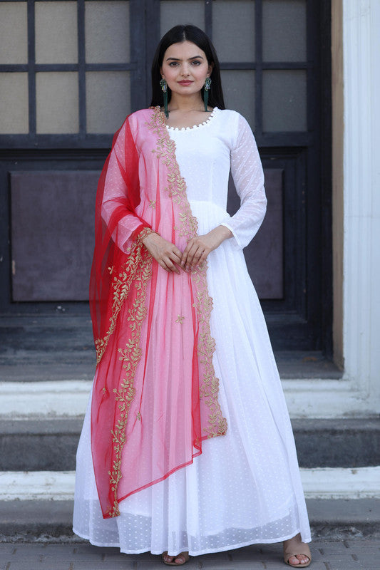 Jyoti Fashion Women's White Faux Georgette Butti work Anarkali Dress with Dupatta - Distacart