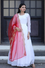 Thumbnail for Jyoti Fashion Women's White Faux Georgette Butti work Anarkali Dress with Dupatta - Distacart