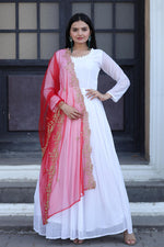 Thumbnail for Jyoti Fashion Women's White Faux Georgette Butti work Anarkali Dress with Dupatta - Distacart