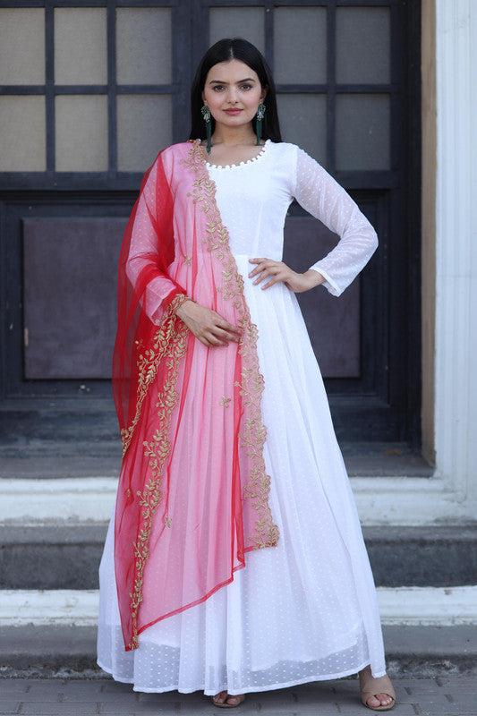 Jyoti Fashion Women's White Faux Georgette Butti work Anarkali Dress with Dupatta - Distacart
