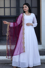 Thumbnail for Jyoti Fashion Women's White Faux Georgette Butti work Anarkali Dress with Dupatta - Distacart