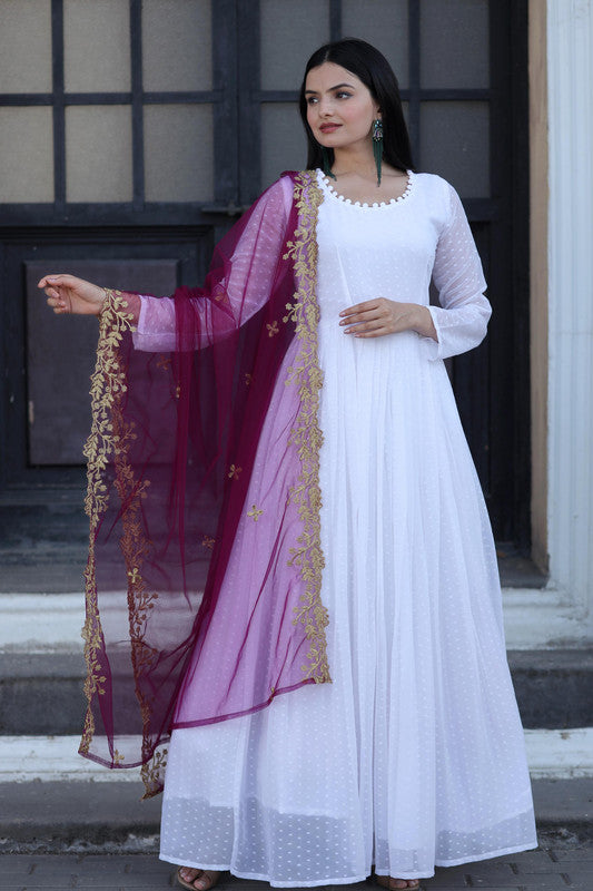 Jyoti Fashion Women's White Faux Georgette Butti work Anarkali Dress with Dupatta - Distacart