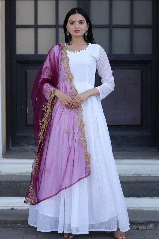 Jyoti Fashion Women's White Faux Georgette Butti work Anarkali Dress with Dupatta - Distacart