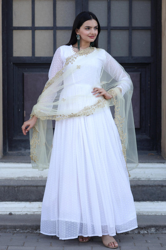 Jyoti Fashion Women's White Faux Georgette Butti work Anarkali Dress with Dupatta - Distacart