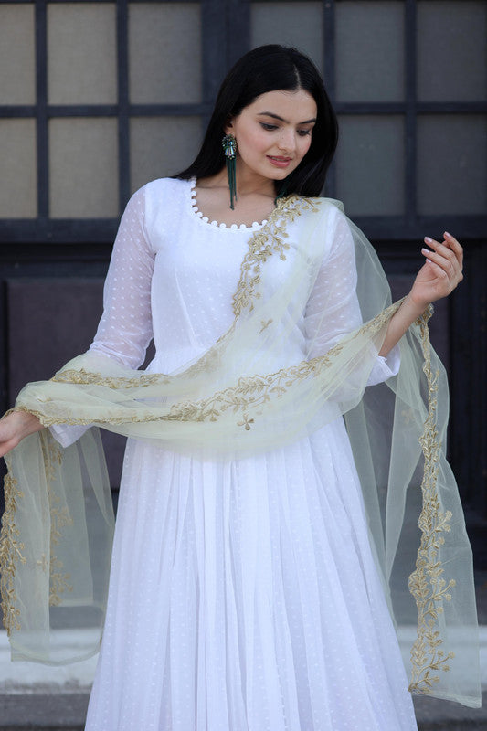 Jyoti Fashion Women's White Faux Georgette Butti work Anarkali Dress with Dupatta - Distacart