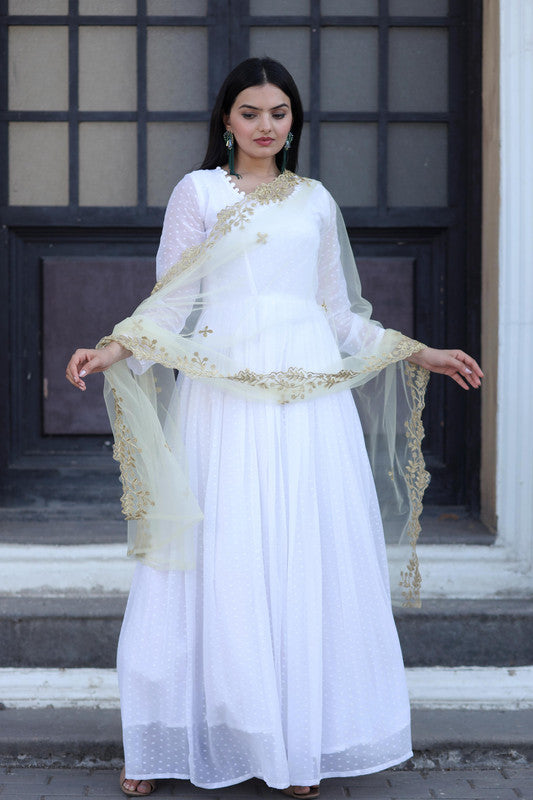Jyoti Fashion Women's White Faux Georgette Butti work Anarkali Dress with Dupatta - Distacart