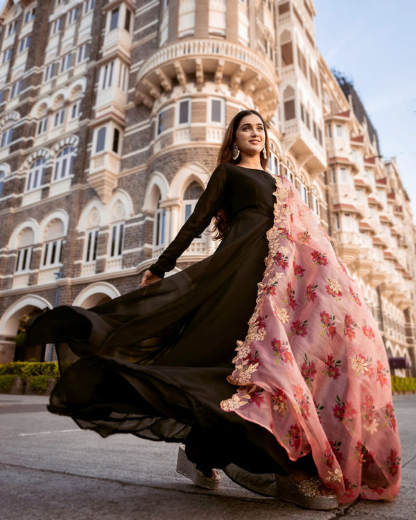 Jyoti Fashion Women's Black Faux Blooming Partywear Anarkali Dress with Dupatta - Distacart