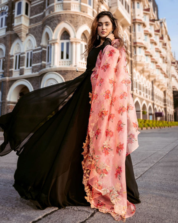 Jyoti Fashion Women's Black Faux Blooming Partywear Anarkali Dress with Dupatta - Distacart