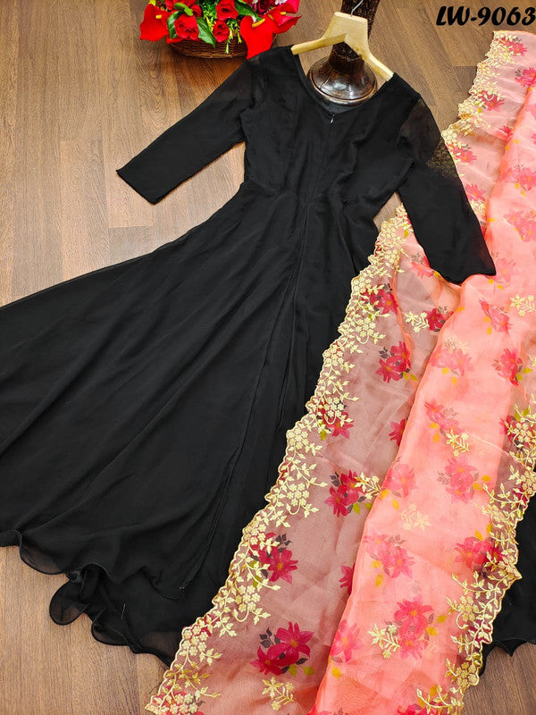Jyoti Fashion Women's Black Faux Blooming Partywear Anarkali Dress with Dupatta - Distacart