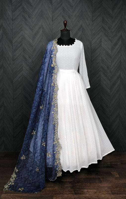 Jyoti Fashion Women's White Georgette Butti work Partywear Anarkali Dress with Dupatta - Distacart