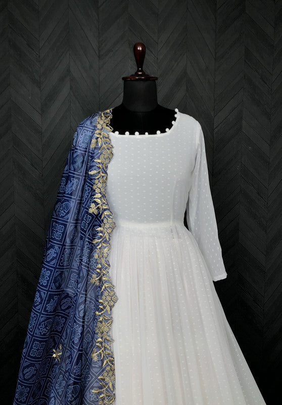 Jyoti Fashion Women's White Georgette Butti work Partywear Anarkali Dress with Dupatta - Distacart