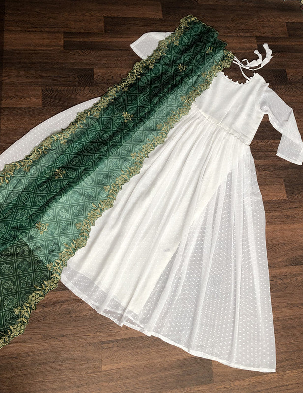 Jyoti Fashion Women's White Georgette Butti work Partywear Anarkali Dress with Dupatta - Distacart
