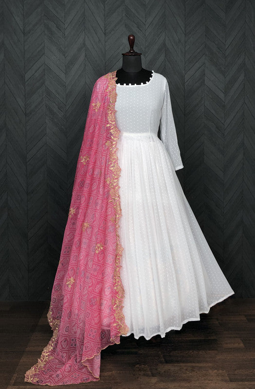 Jyoti Fashion Women's White Georgette Butti work Partywear Anarkali Dress with Dupatta - Distacart