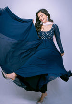 Thumbnail for Jyoti Fashion Women's Navy Blue Faux Blooming Thread Embroidery Partywear Anarkali Dress with Dupatta - Distacart