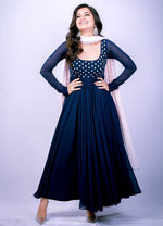 Thumbnail for Jyoti Fashion Women's Navy Blue Faux Blooming Thread Embroidery Partywear Anarkali Dress with Dupatta - Distacart